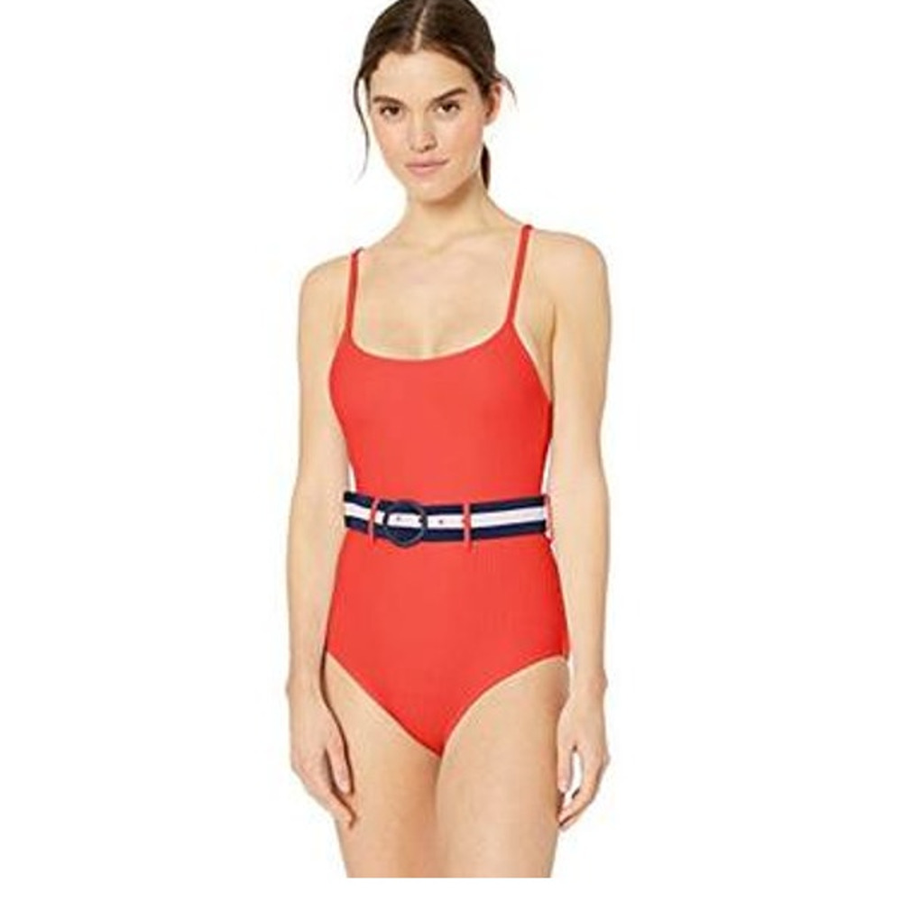 Jessica Simpson Belted One-Piece Swimsuit RED SMALL